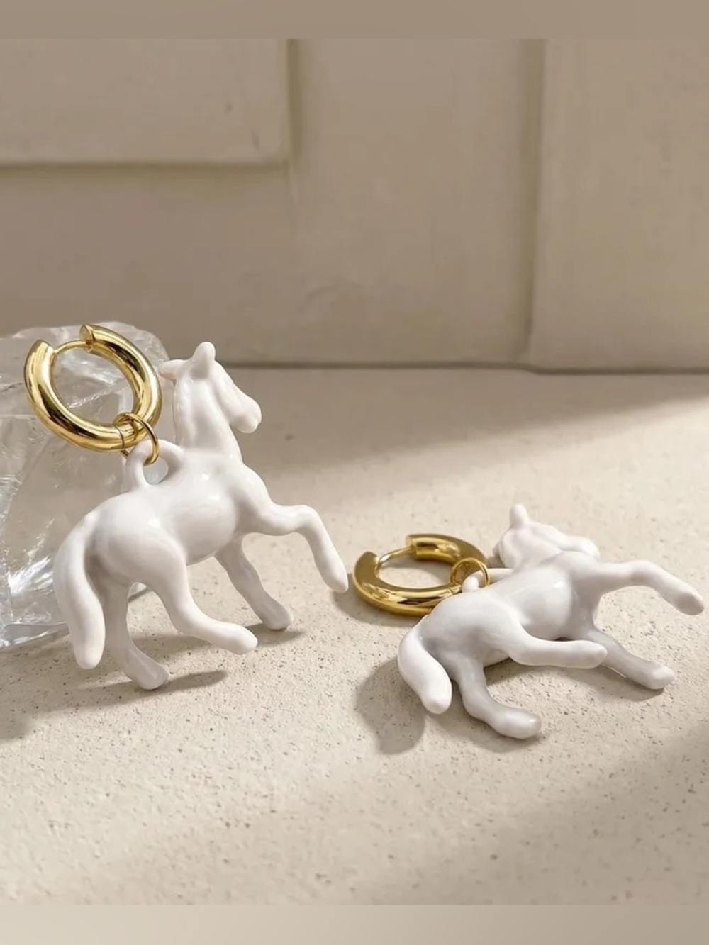 White Horse Charm Hoop Earrings with Gold Hoops